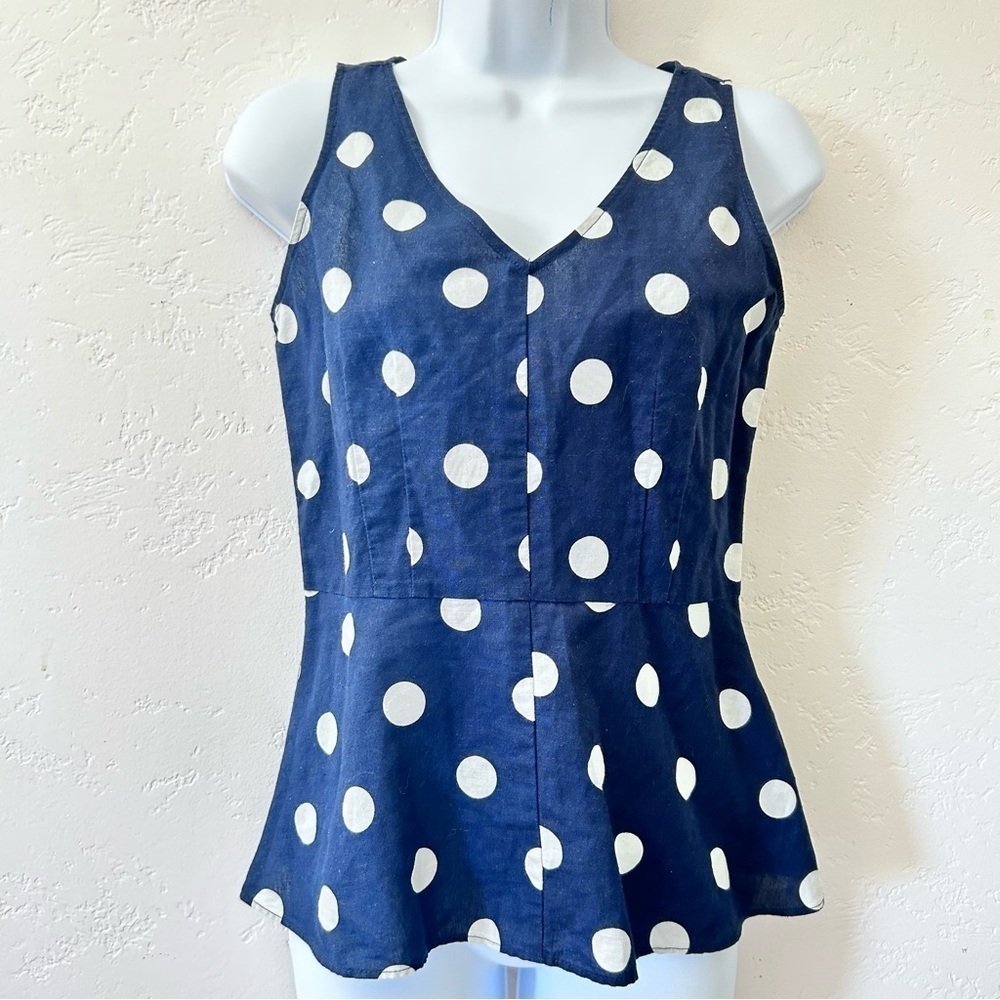 J. CREW Polka Dot Y2K Peplum Linen Tank Top Size 00 Navy White